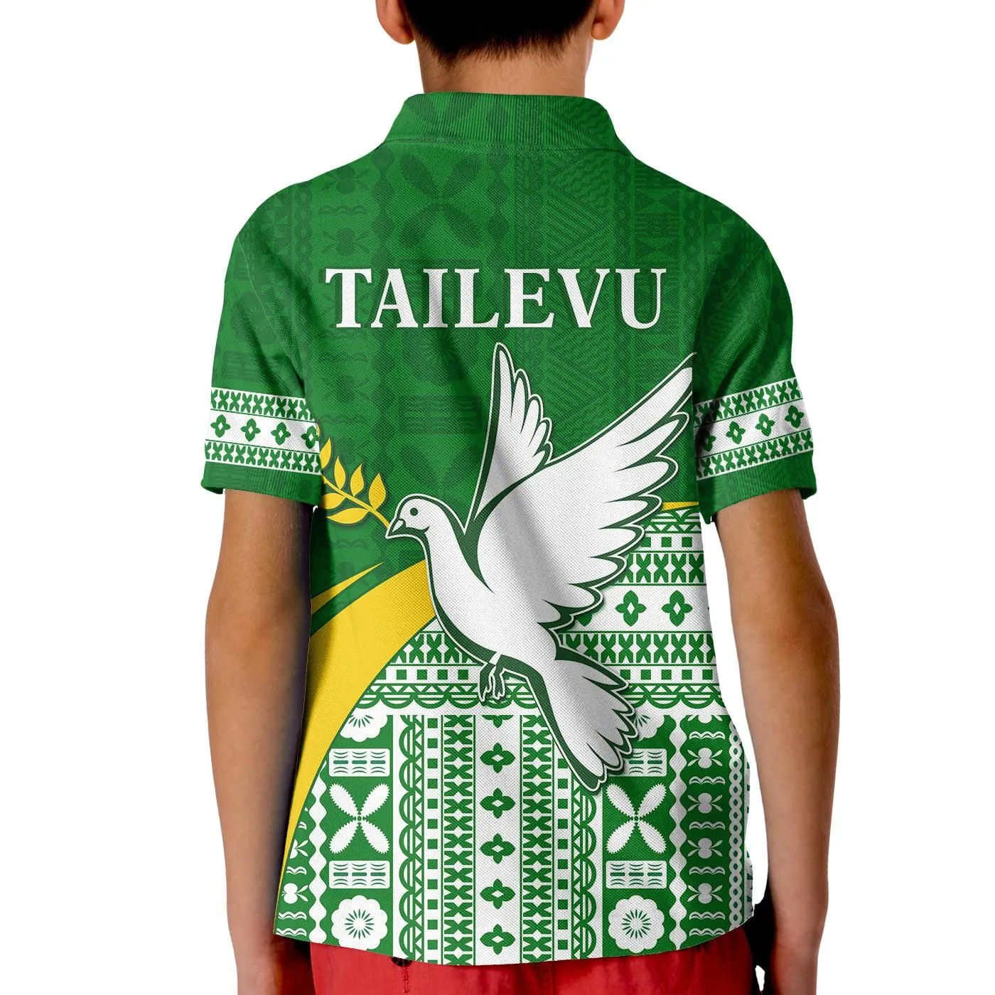 Tailevu Rugby Polo Shirt KID Fiji Rugby Tapa Pattern Green LT13