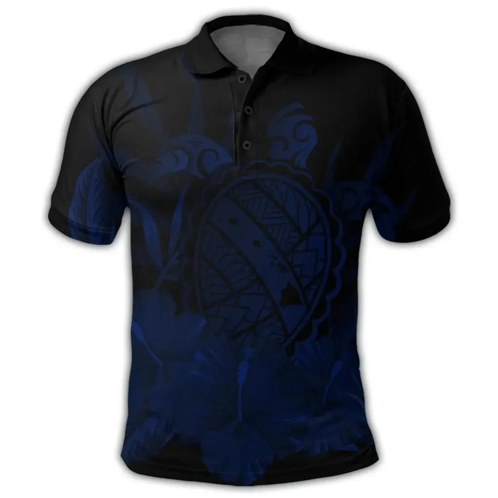 Alohawaii Shirt - Hawaiian Map Turtle Hibiscus Polynesian Polo Shirt - Blue - AH - J4R