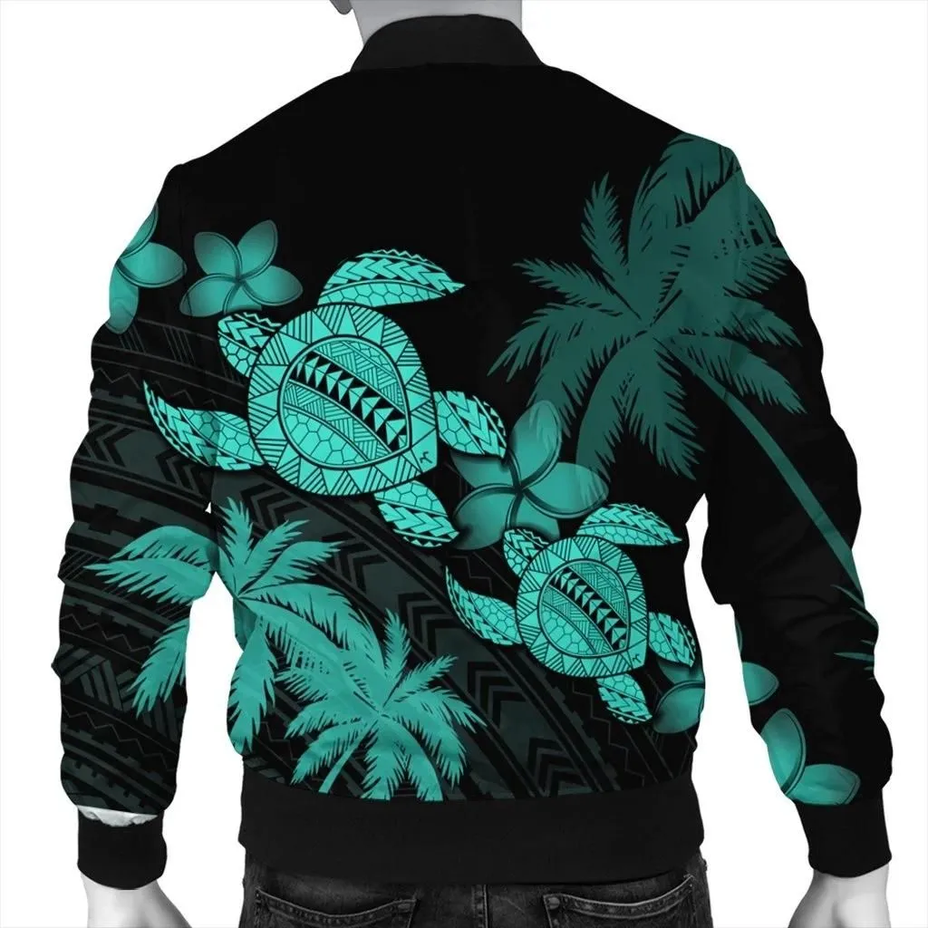 FamilyGater Jacket - Hawaii Turtle Plumeria Coconut Tree Polynesian Bomber Jacket - Turquoise - AH - J4R