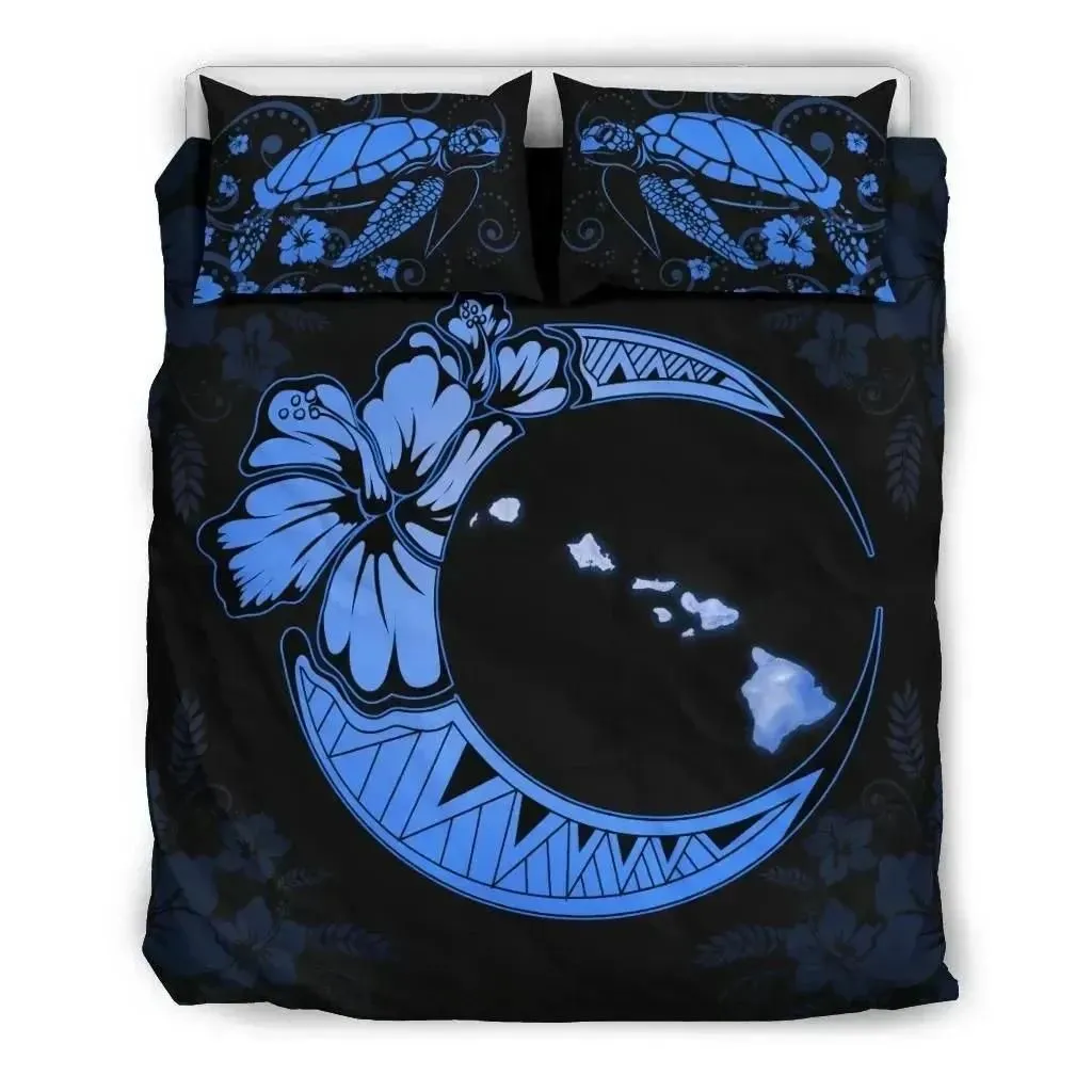 FamilyGater Bedding Set - Cover and Pillow Cases Hawaiian Map Hibiscus Turtle Polynesian Moon Deep Blue - AH - J1
