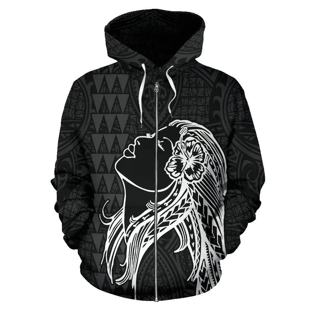 Alohawaii Hoodie - Polynesian Kakau Hula Girl Turtle Hibiscus Hawaii Zip Hoodie White - AH - J1