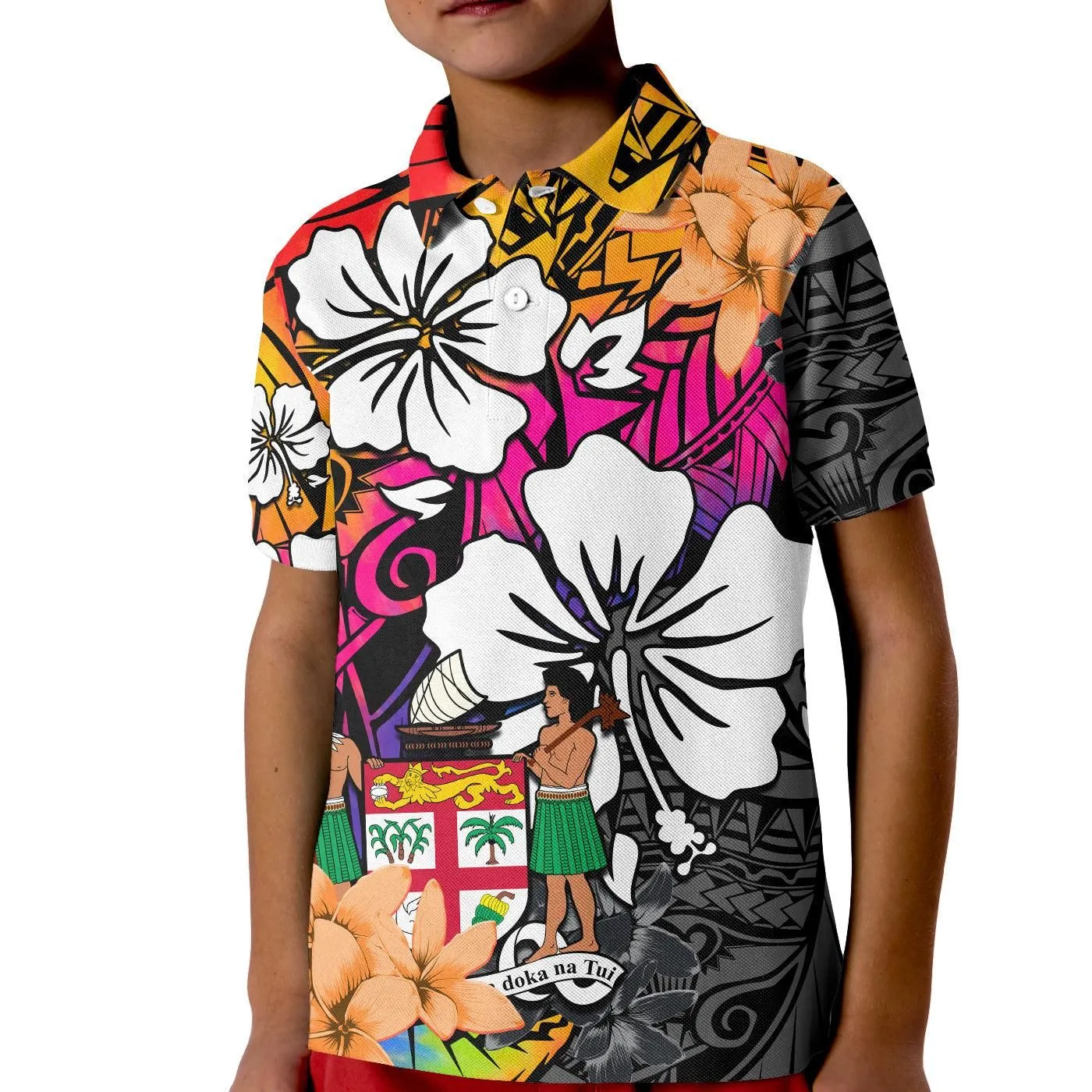(Custom Text and Number) Fiji Tie Dye Polo Shirt KID Polynesian Tribal Creative Tropical Flowers LT13