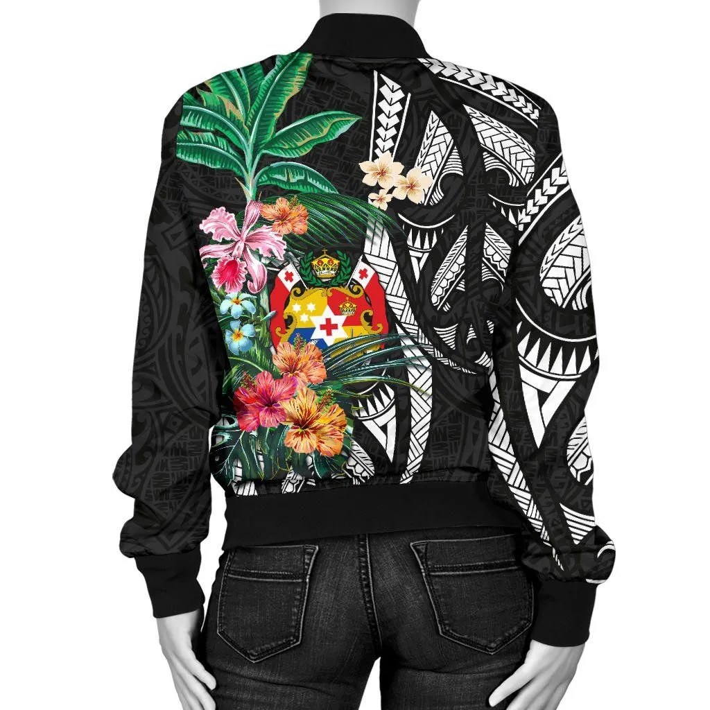 Tonga Women's Bomber Jacket Coat Of Arms Polynesian With Hibiscus TH5