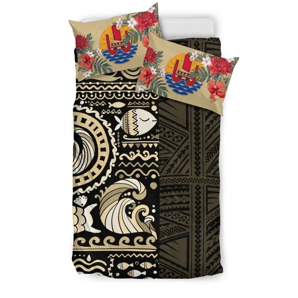 FamilyGater Bedding Set - Cover and Pillow Cases Tahiti - Gold Polynesian Hibiscus Tribal Style A24