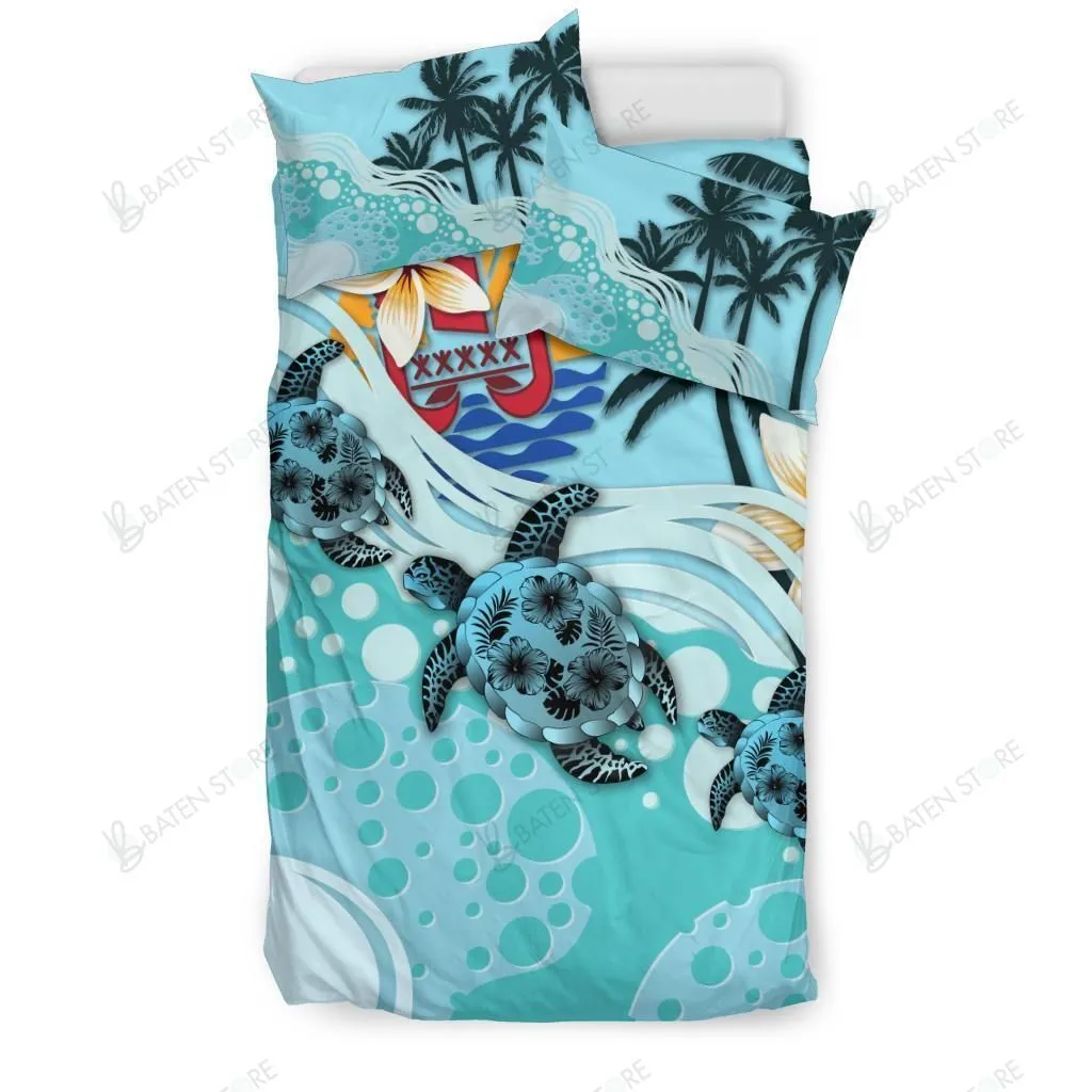 Tahiti Blue Turtle Hibiscus Palm Tree Bedding Set Bedroom Decor