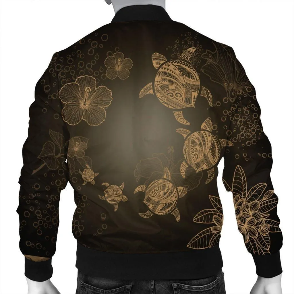 Hawaiian Plumeria Hibiscus Turtle Under Sea Polynesian Bomber Jacket Gold AH