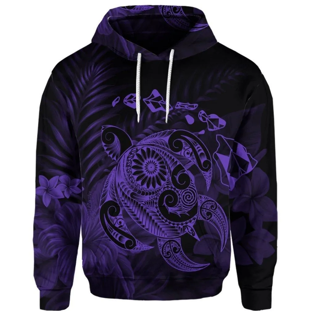 (Personalised) Hawaiian Map Turtle Tattoo Hibiscus Plumeria Polynesian Hoodie - Purple - AH