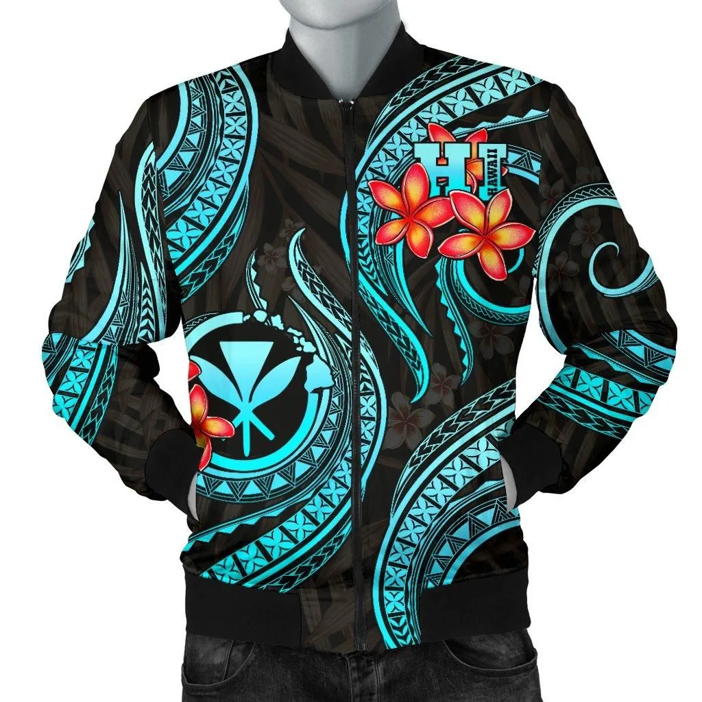 Polynesian Hawaii Men Bomber Jacket - Turquoise Plumeria