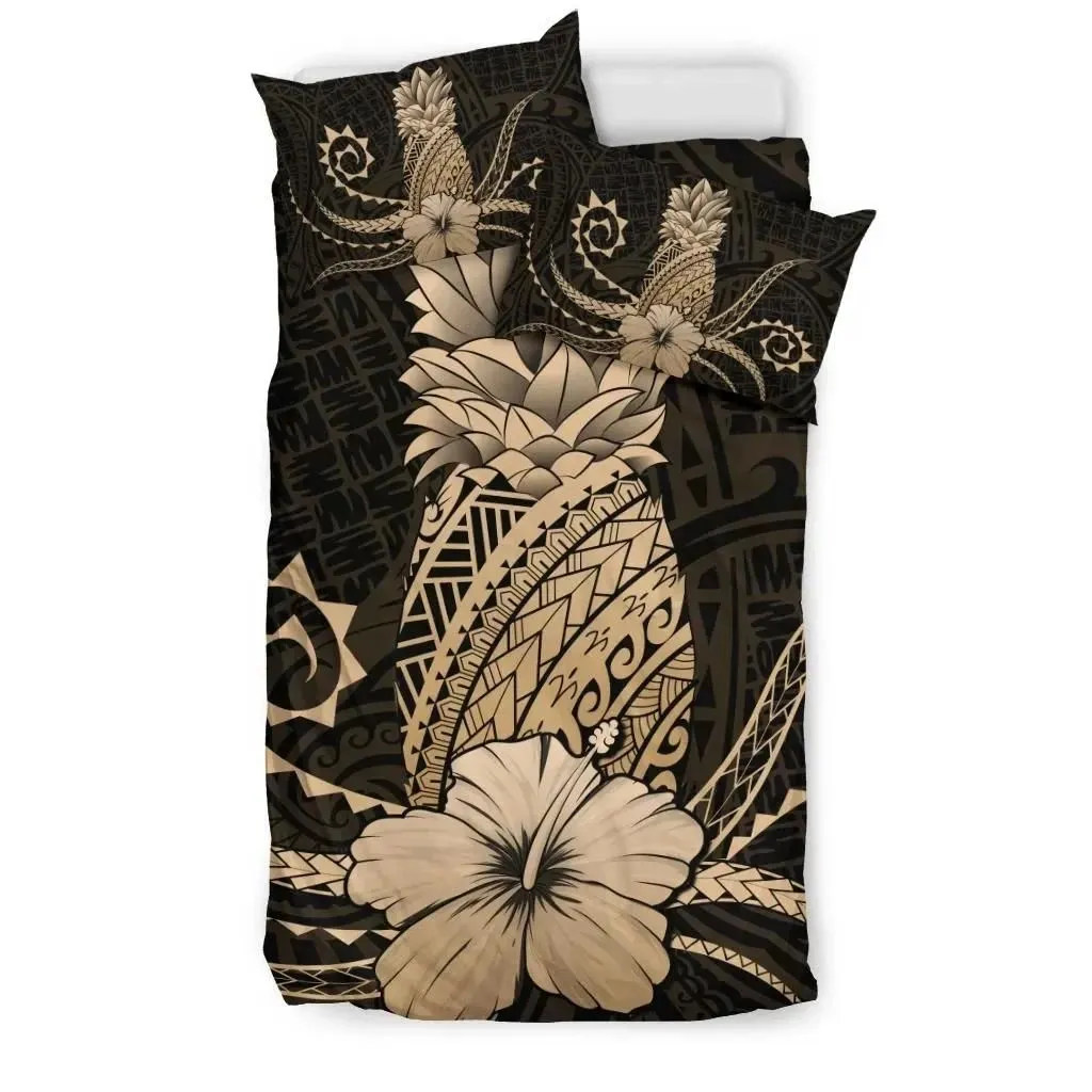 FamilyGater Home Set - Hawaii Polynesian Pineapple Hibiscus Bedding Set - Zela Style Gold - AH - J4