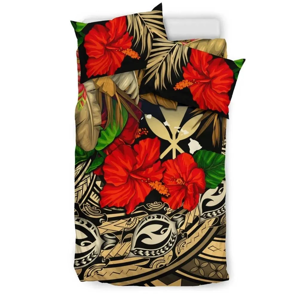 Alohawaii Bedding Set - Cover and Pillow Cases Kanaka Maoli (Hawaiian) - Polynesian Turtle And Hibiscus��Gold A24