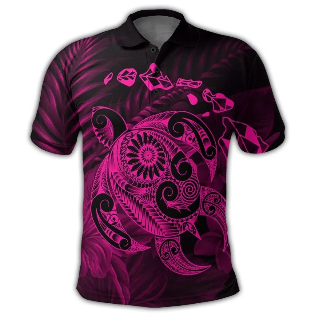 Hawaiian Map Turtle Tattoo Hibiscus Plumeria Polynesian Polo Shirt - Pink - AH