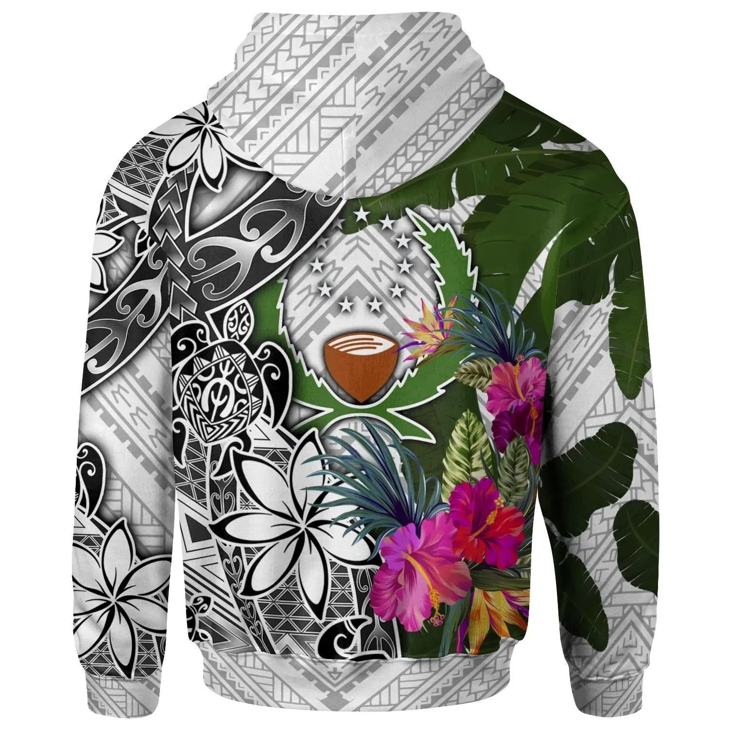 Pohnpei Zip-Up Hoodie White - Turtle Plumeria Banana Leaf - BN11