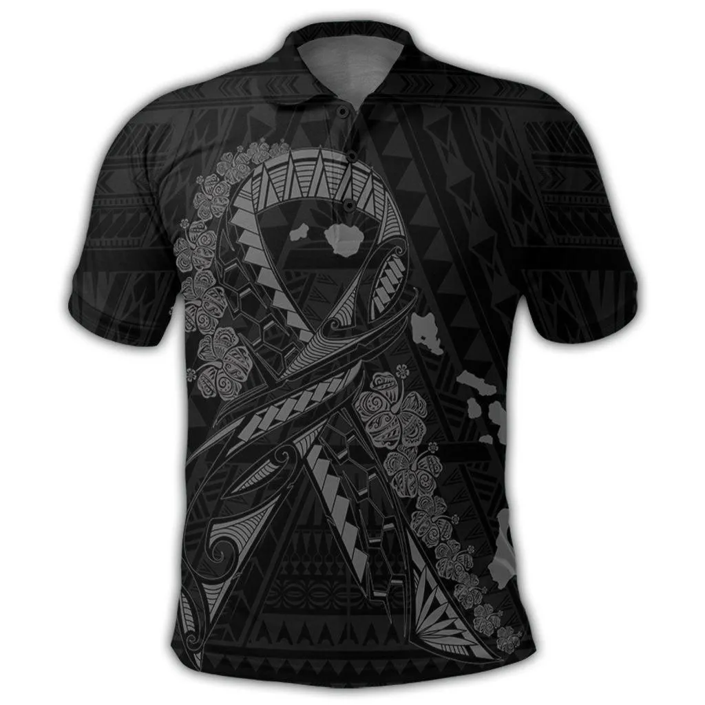 Hawaiian Map Heart Ribbon Cancer Hibiscus Gray Polynesian Polo Shirt
