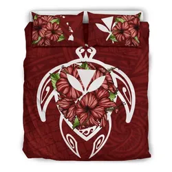 Alohawaii Home Set - Hawaii Turtle Hibiscus Polynesian Bedding Set - Red Four - AH J4