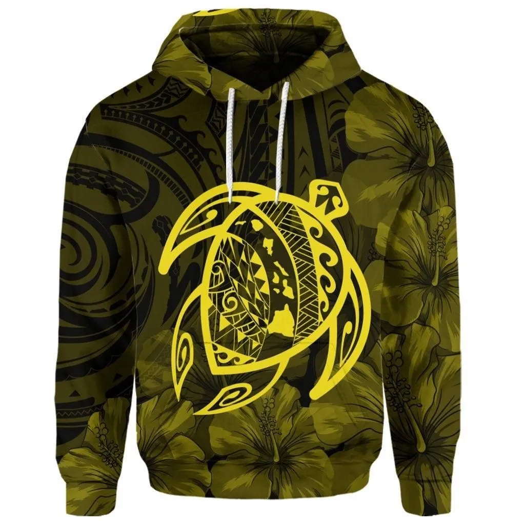 (Personalised) Hawaiian Map Turtle Kanaka Hibiscus Polynesian Hoodie - Yellow
