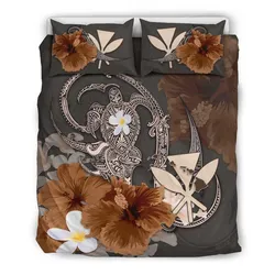 Kanaka Maoli (Hawaii) Bedding Set - Hibiscus Turtle Tribal Brown A02