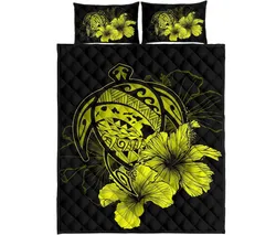 Hawaiian Map Turtle Hibiscus Polynesian Quilt Bedding Set - Yellow