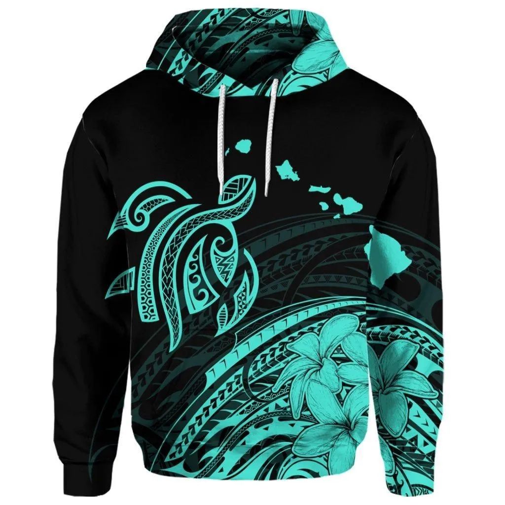 (Personalised) Hawaii Turtle Polynesian Map Plumeria Hoodie Turquoise - AH