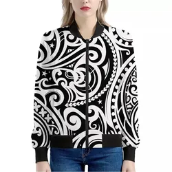 Black And White Polynesian Tattoo Print Womens Bomber Jacket