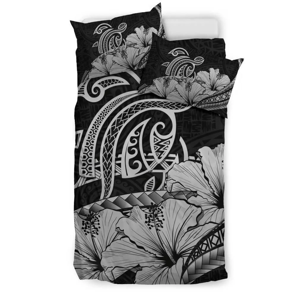 Hawaiian Map Hibiscus Turtle Polynesian Bedding Set Gray