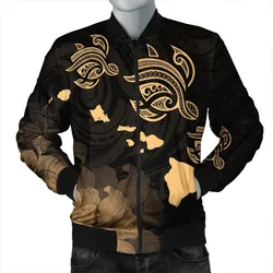 Hawaii Turtle Hibiscus Map Polynesian Bomber Jacket Gold - AH