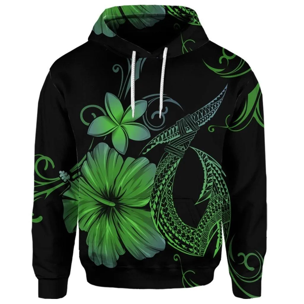 (Personalised) Hawaiian Fish Hook Hibiscus Plumeria Polynesian Hoodie - Green - AH