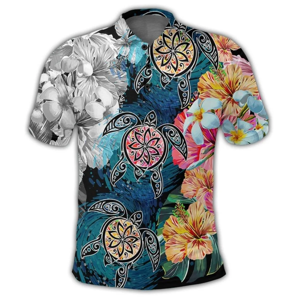 Hawaiian Turtle Swimming Wave Plumeria Hibiscus Polynesian Polo Shirt - Garden Style - AH