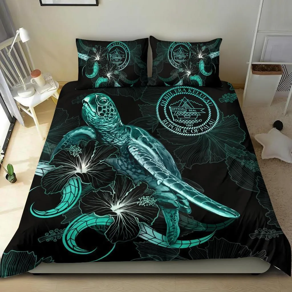 Palau Polynesian Bedding Set - Turtle With Blooming Hibiscus Turquoise