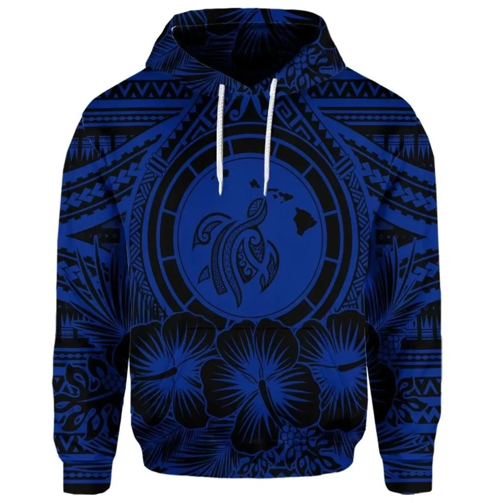 Alohawaii Hoodie - (Personalised) Hawaiian Map Honu Hibiscus Tropic Blue Polynesian Hoodie - AH - JGR