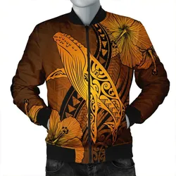 Hawaiian Map Whale Swim Hibiscus Polynesian Bomber Jacket - Orange - AH