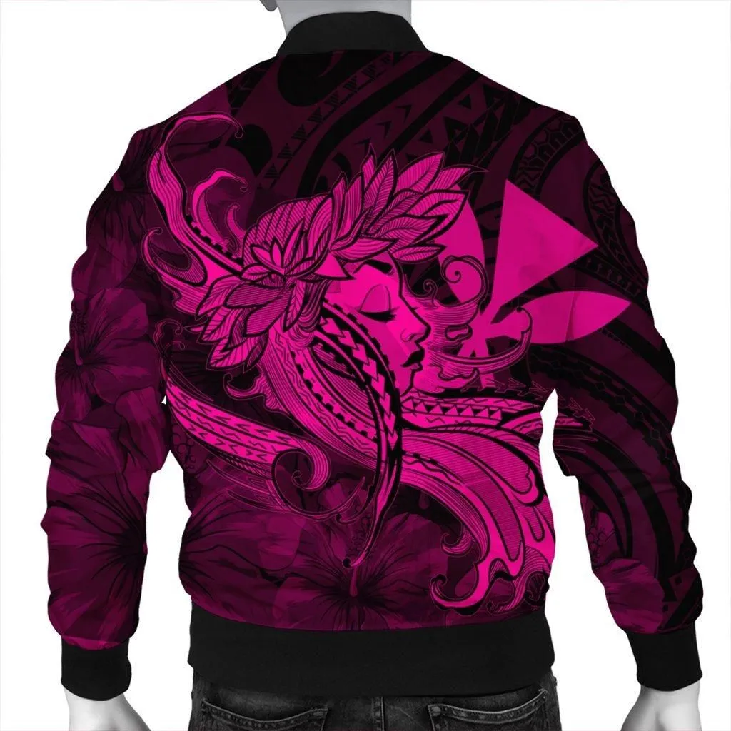 Hawaiian Map Hula Girl Hibiscus Kanaka Polynesian Bomber Jacket - Pink - AH