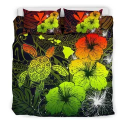 Hawaiian Hibiscus Turtle Polynesian Bedding Set - Maps Style Reggae A10