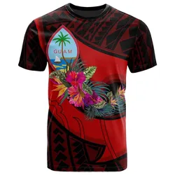 Guam T shirt - Polynesian Hook and Hibiscus (Red)