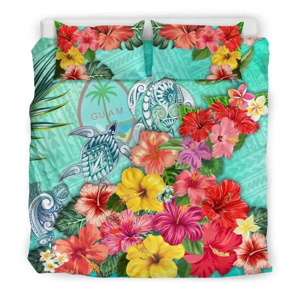 FamilyGater Bedding Set - Cover and Pillow Cases Guam Turtle And Hibiscus Turquoise TH5