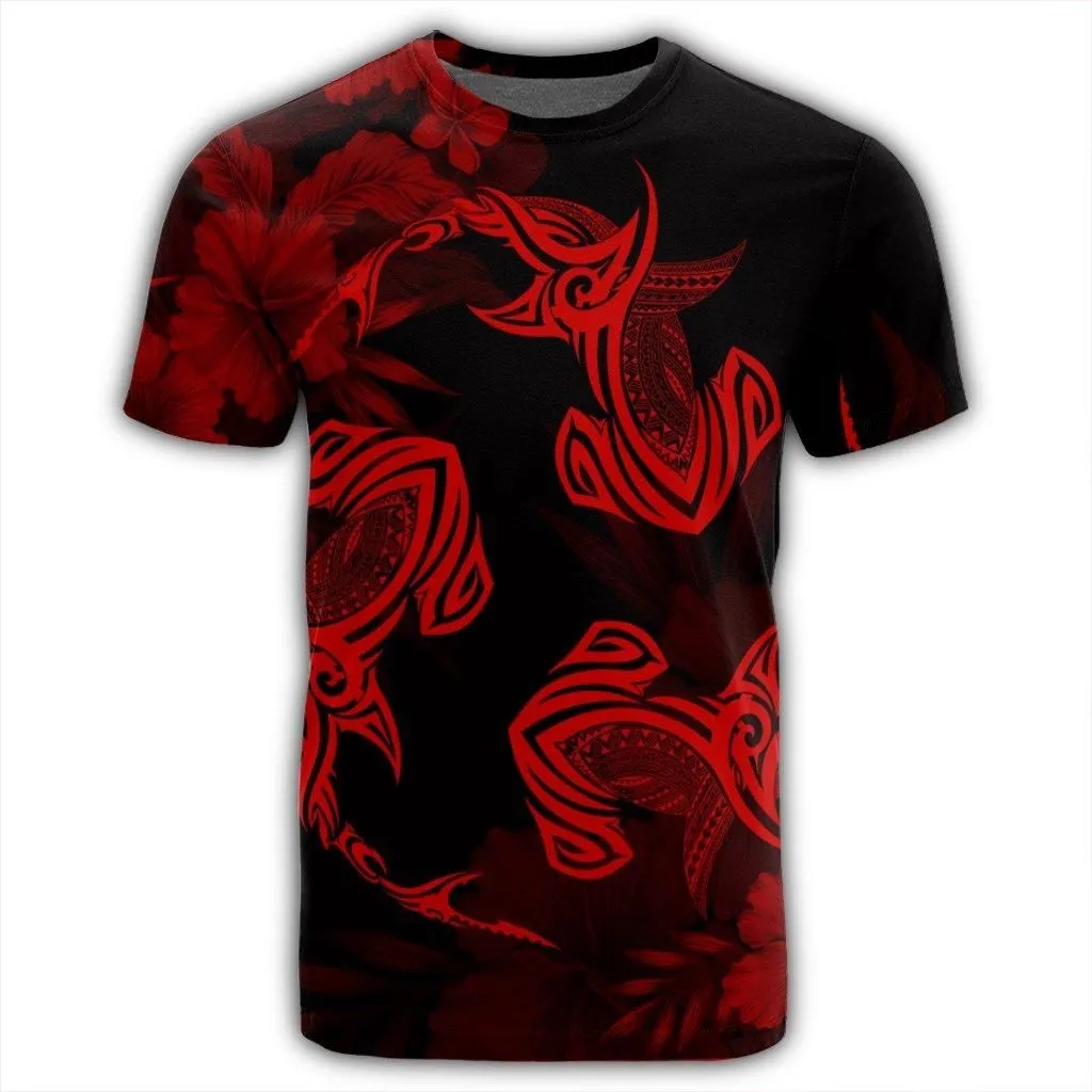 Hawaiian Hammerhead Shark Hibiscus Red Polynesian T-Shirt - AH