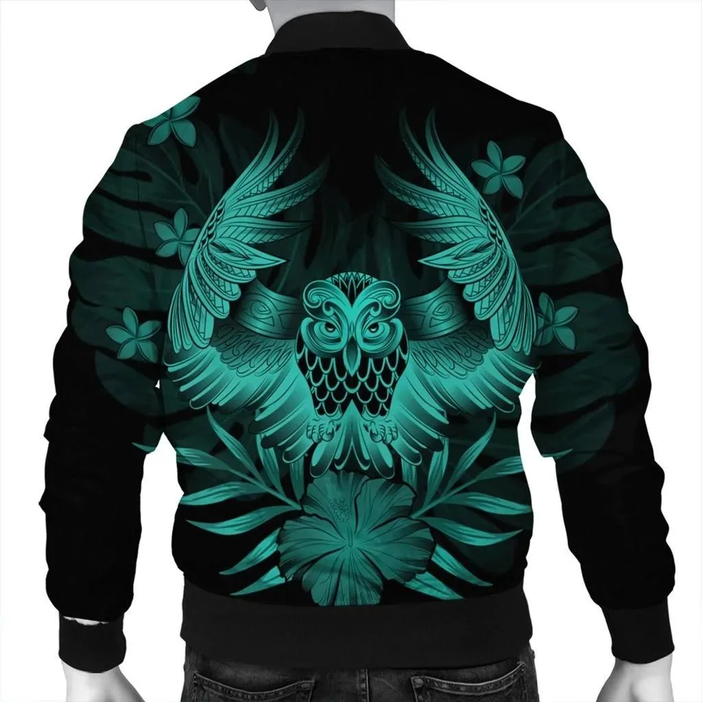 FamilyGater Jacket - Hawaiian Owl Hibiscus Plumeria Polynesian Bomber Jacket - Turquoise - AH - J4R