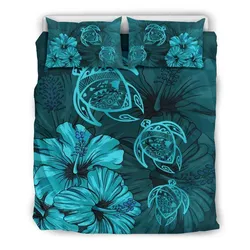 FamilyGater Bedding Set - Cover and Pillow Cases Hawaiian Map Turtle  Hibiscus Polynesian Vintage Turquoise - AH - J9