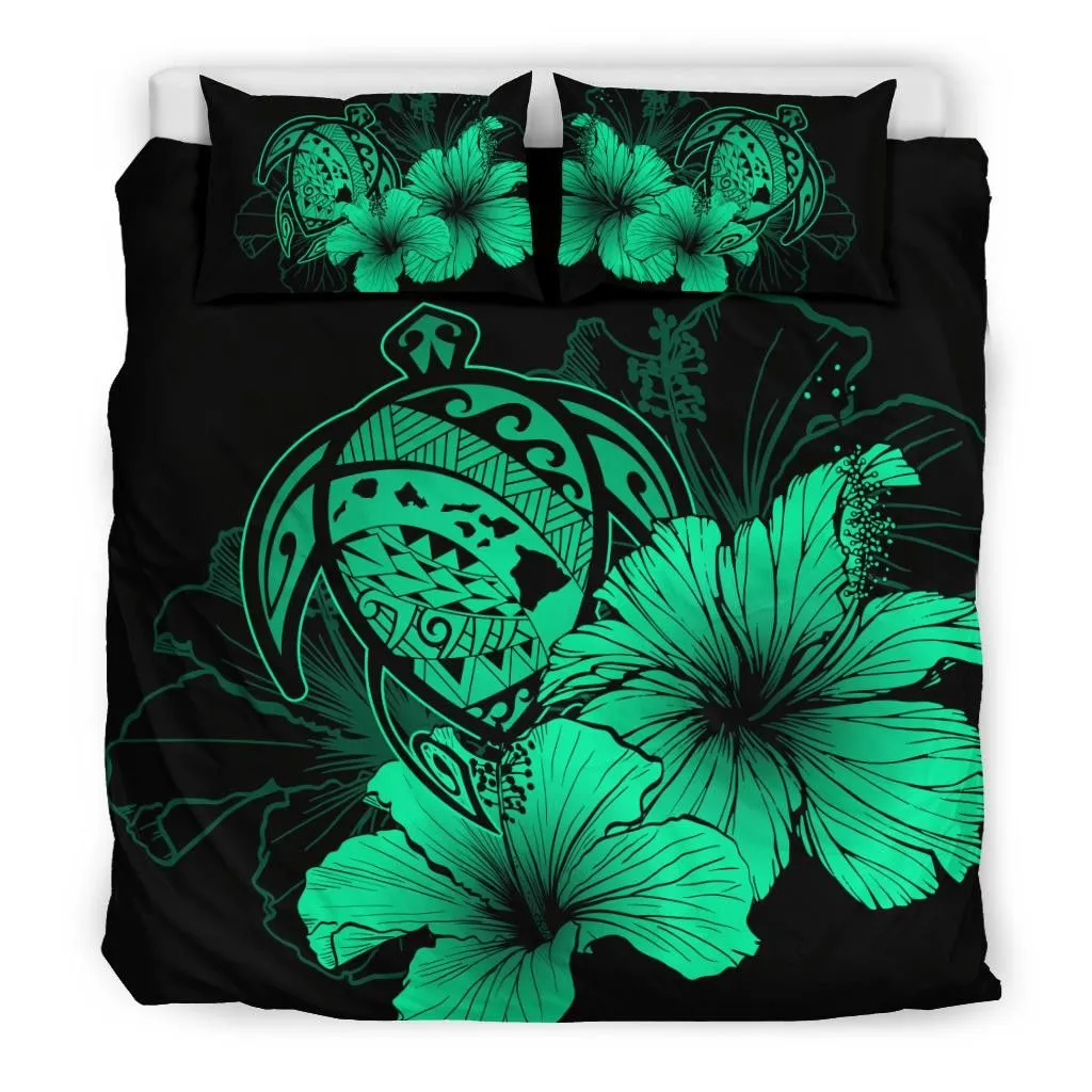 FamilyGater Bedding Set - Cover and Pillow Cases Hawaiian Map Hibiscus Turtle Polynesian - Pastel Green - AH J9