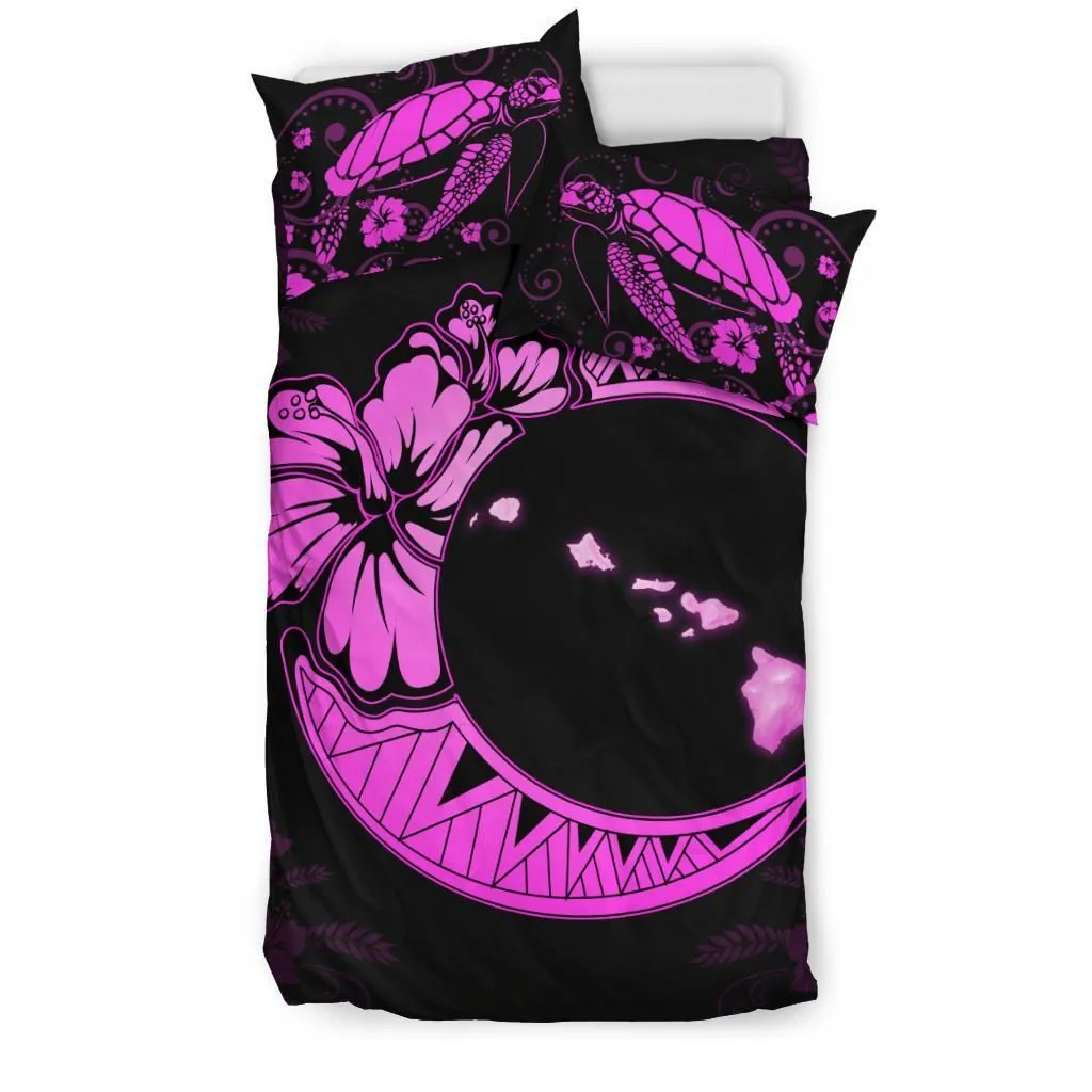 Hawaiian Map Hibiscus Turtle Polynesian Moon Bedding Set Pink
