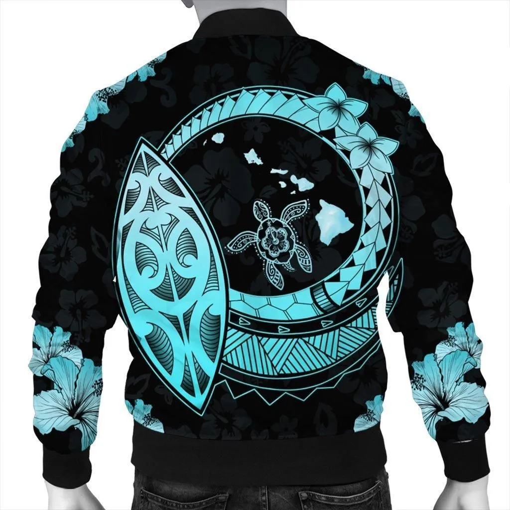 Hawaii Turtle Hibiscus Map Polynesian Bomber Jacket Turquoise
