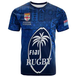 Fiji Rugby T-Shirt Flying Fijians Blue Tapa Pattern LT13