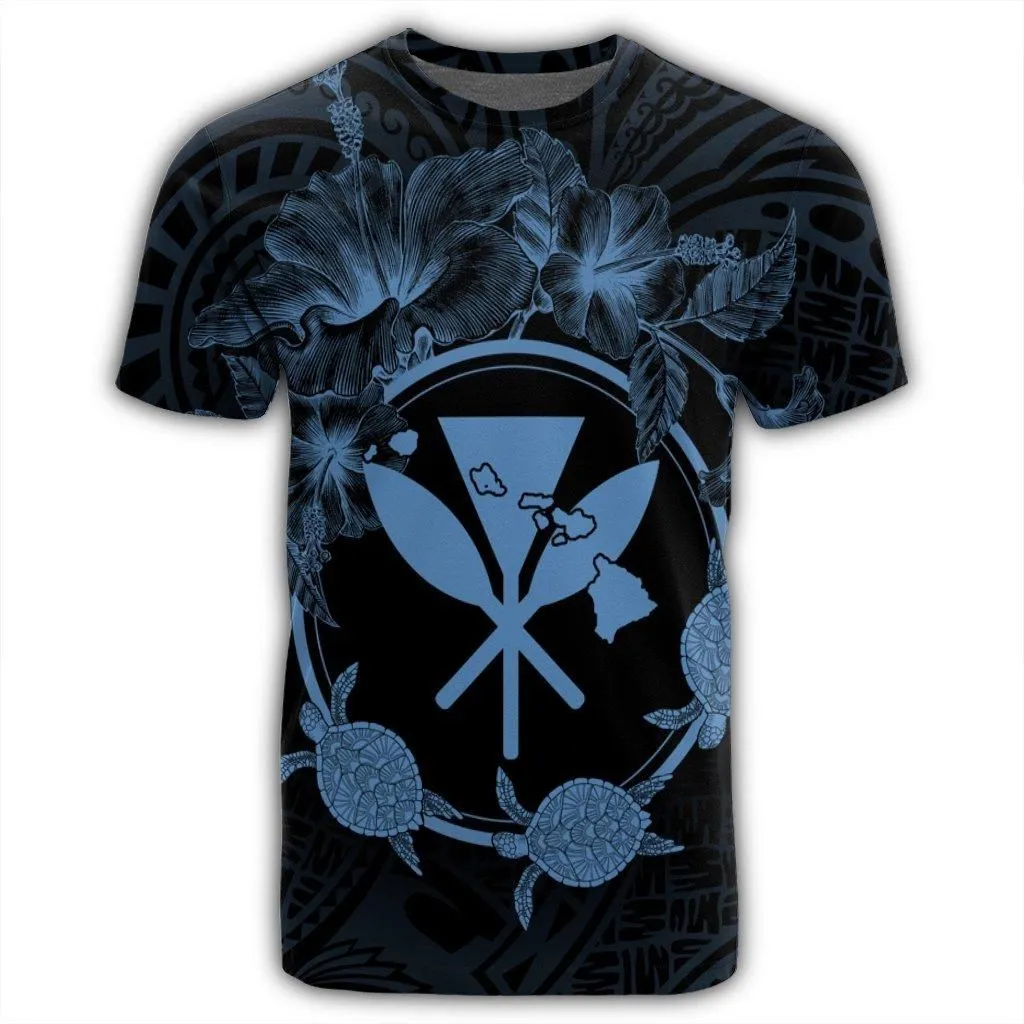 Hawaii Kanaka Turtle Hibiscus Polynesian T-Shirt - Anthea Style Pastel Blue - AH