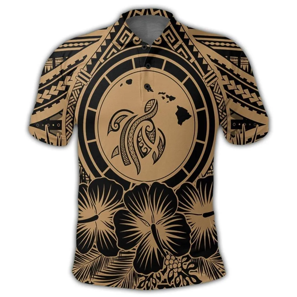 Hawaiian Map Honu Hibiscus Tropic Gold Polynesian Polo Shirt - AH