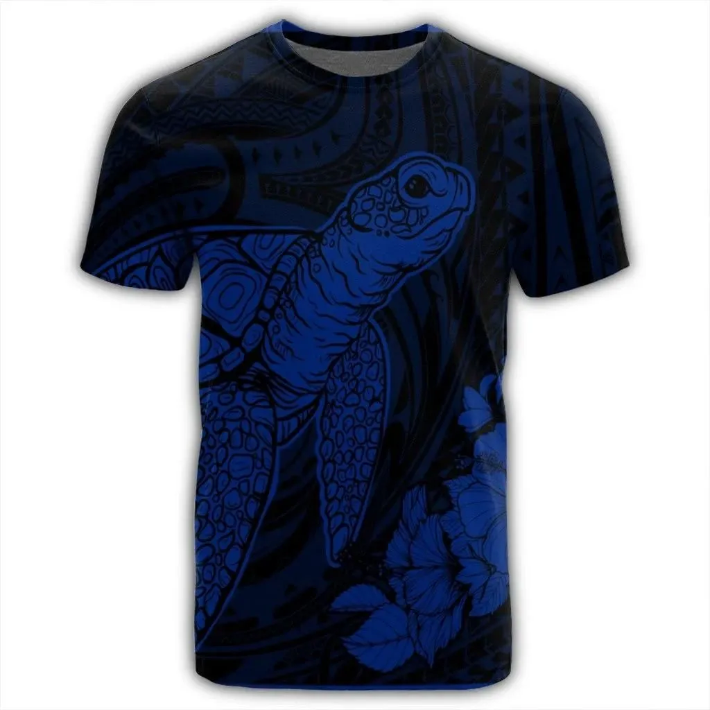 Alohawaii Tee - Hawaiian Hibiscus Memory Turtle Polynesian T-Shirt Blue - AH - JR