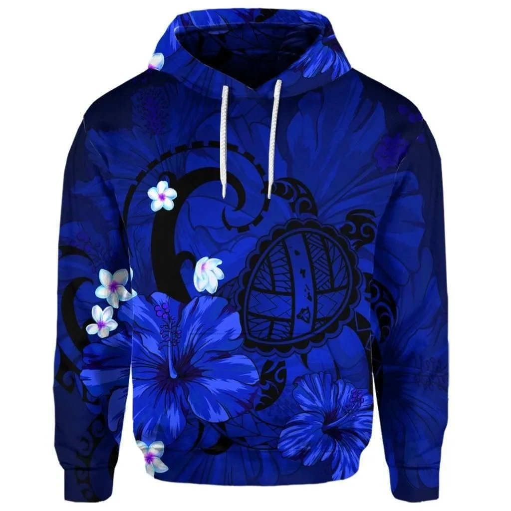 (Personalised) Hawaiian Map Big Turtle Hibiscus Plumeria Tribal Polynesian Hoodie - Blue