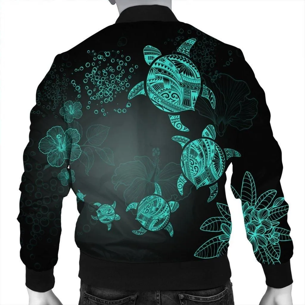 Hawaiian Plumeria Hibiscus Turtle Under Sea Polynesian Bomber Jacket Blue