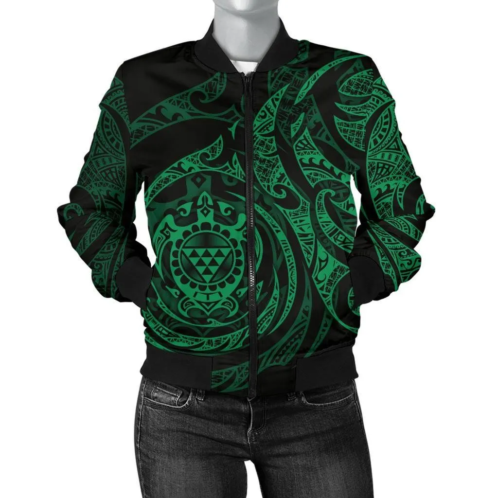 Polynesian Hawaii Women's Bomber Jacket - Green Turtle Tribal - BN12