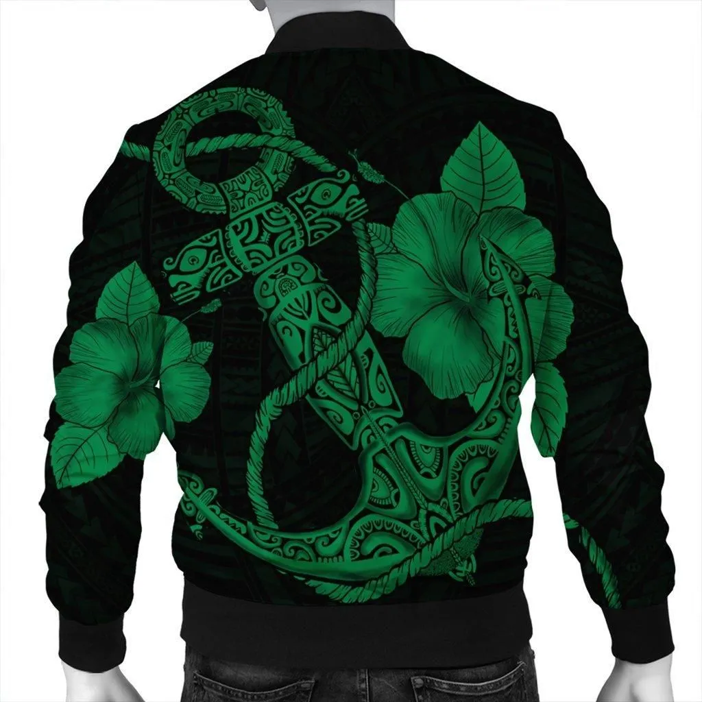 Hawaiian Anchor Poly Tribal Hibiscus Polynesian Bomber Jacket Green - AH