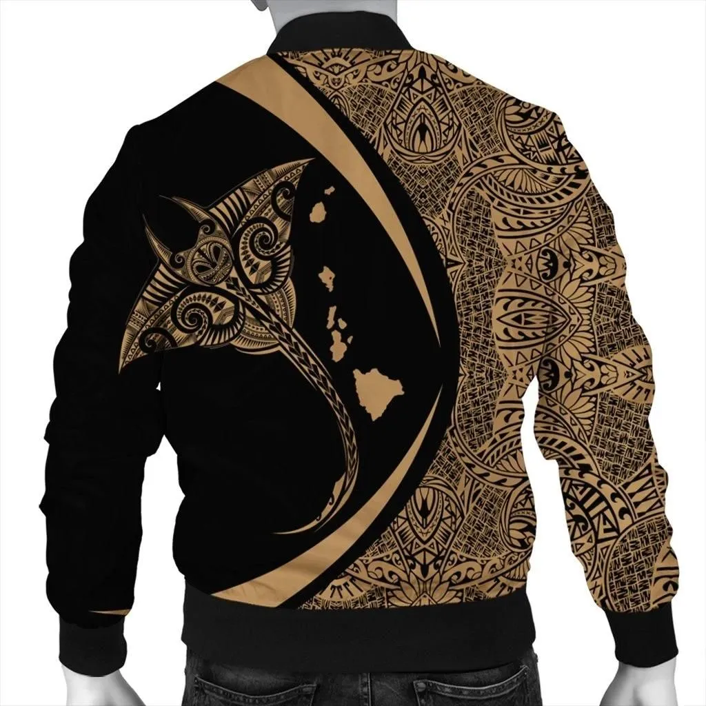 FamilyGater Jacket - Hawaiian Map Manta Ray Polynesian Bomber Jacket - Gold - AH - J4R