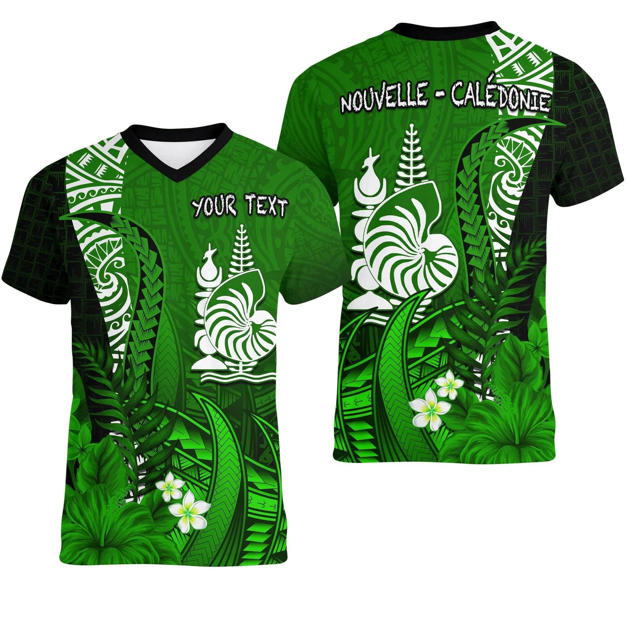 (Custom Personalised) New Caledonia V-Neck T Shirt Nautilus Green Polynesian Hibiscus LT13